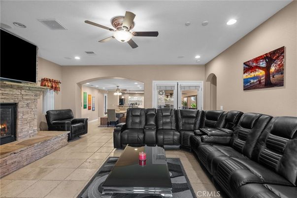 Home Theatre Room, Fireplace, Interior, Living room, Recessed Lighting, Stone Walls
