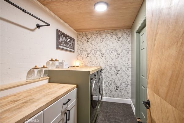 Bathroom, Interior, Recessed Lighting, Washer, Wooden Ceilings