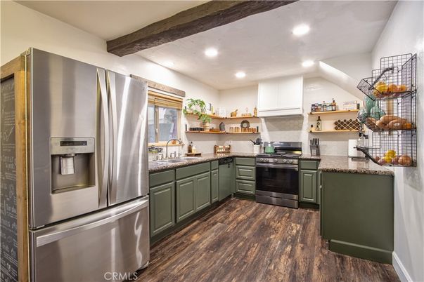 Interior, Kitchen, Recessed Lighting, Stainless Steel Appliances, Wooden Beams, Wood Texture Flooring