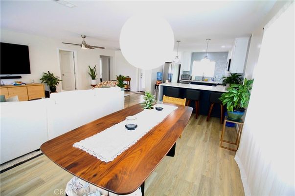 Dining room, Interior, Kitchen, Living room, Pendant Lights, Wood Texture Flooring