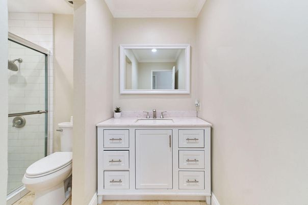 Bathroom, Glass Shower, Interior, Recessed Lighting