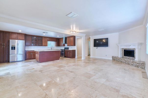 Fireplace, Interior, Kitchen, Recessed Lighting, Stainless Steel Appliances