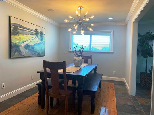 Dining room, Interior, Pendant Lights, Recessed Lighting, Wood Texture Flooring