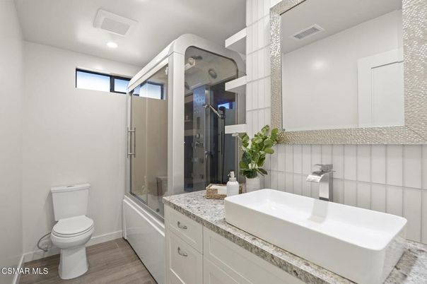 Bathroom, Glass Shower, Interior, Recessed Lighting, Wood Texture Flooring