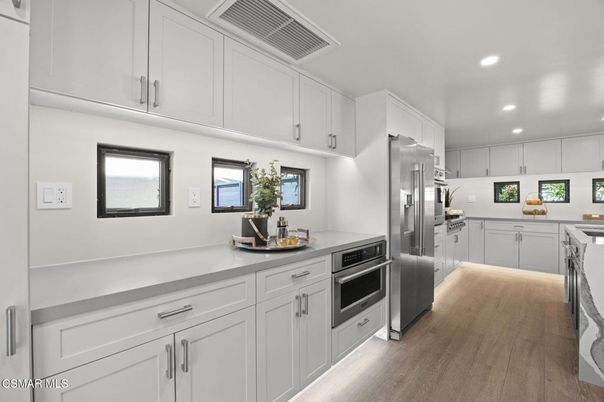 Interior, Kitchen, Recessed Lighting, Stainless Steel Appliances, Wood Texture Flooring