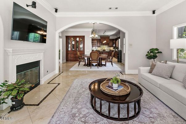 Chandelier, Dining room, Fireplace, Interior, Kitchen, Living room, Pendant Lights