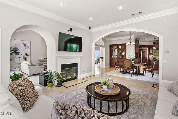 Chandelier, Dining room, Fireplace, Interior, Living room, Pendant Lights, Recessed Lighting