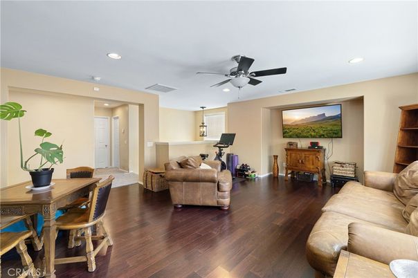 Dining room, Fitness Equipment, Interior, Living room, Recessed Lighting, Wood Texture Flooring