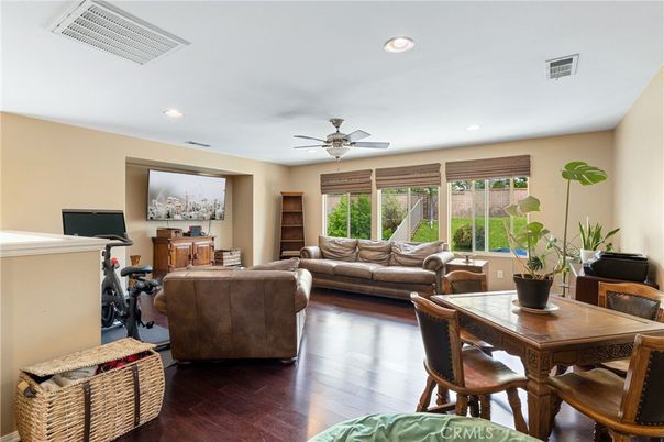 Dining room, Interior, Living room, Recessed Lighting, Wood Texture Flooring