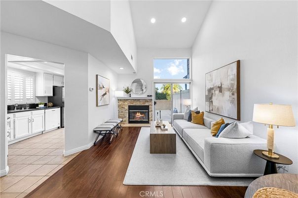 Fireplace, Interior, Kitchen, Living room, Recessed Lighting, Wood Texture Flooring