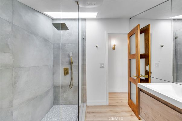 Bathroom, Glass Shower, Interior, Wood Texture Flooring