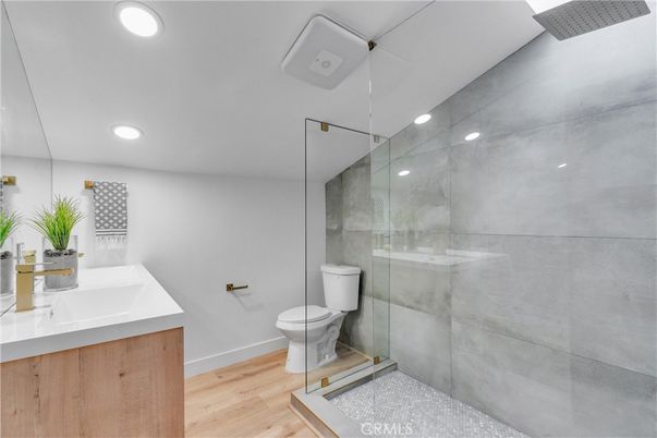 Bathroom, Glass Shower, Interior, Recessed Lighting, Wood Texture Flooring