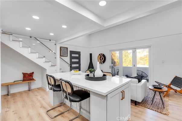Dining room, Interior, Living room, Recessed Lighting, Wood Texture Flooring