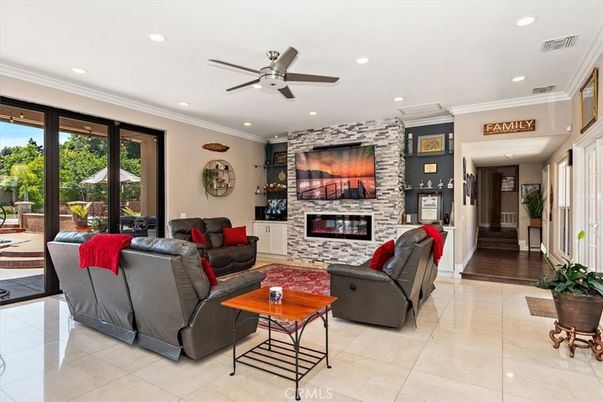 Fireplace, Interior, Living room, Recessed Lighting, Stone Walls
