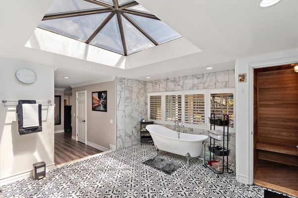 Bathroom, Free Standing Baths, Glass Ceilings, Interior, Marble Walls, Recessed Lighting, Wooden Ceilings, Wood Texture Flooring, Wooden Walls