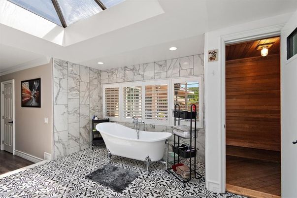 Bathroom, Free Standing Baths, Interior, Marble Walls, Recessed Lighting, Wooden Walls