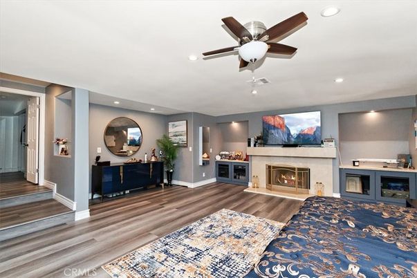 Fireplace, Interior, Recessed Lighting, Wood Texture Flooring