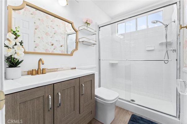 Bathroom, Glass Shower, Interior, Wood Texture Flooring