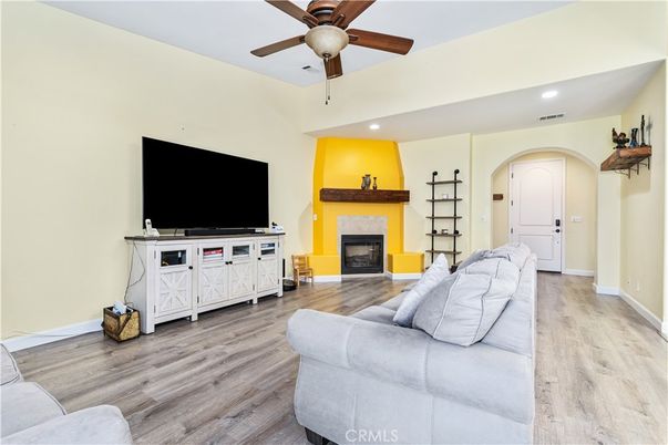 Fireplace, Interior, Living room, Recessed Lighting, Wood Texture Flooring