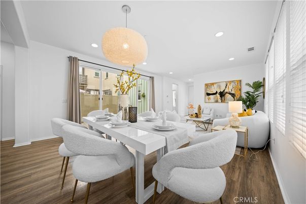 Dining room, Interior, Living room, Pendant Lights, Recessed Lighting, Wood Texture Flooring