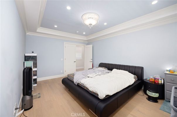 Bedroom, Chandelier, Interior, Recessed Lighting, Wood Texture Flooring