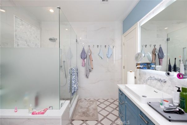 Bathroom, Glass Shower, Interior, Marble Walls, Recessed Lighting