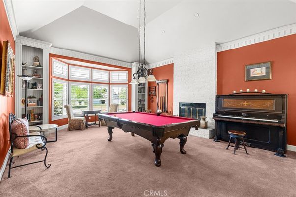 Billiard Table, Fireplace, Game Room, Interior, Pendant Lights, Piano