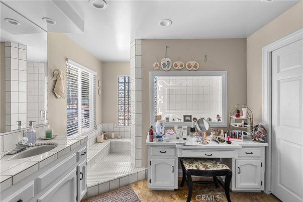 Bathroom, Dual Sink Vanities, Interior, Recessed Lighting, Tile Countertops