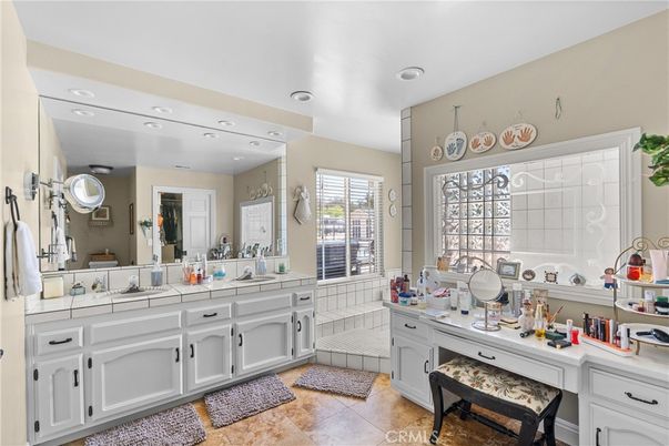 Bathroom, Dual Sink Vanities, Interior, Recessed Lighting, Tile Countertops