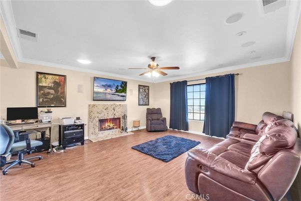 Fireplace, Home Office, Interior, Recessed Lighting, Wood Texture Flooring