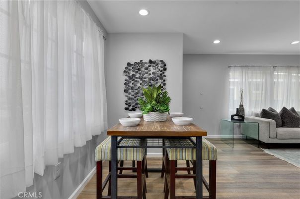 Dining room, Interior, Recessed Lighting, Wood Texture Flooring