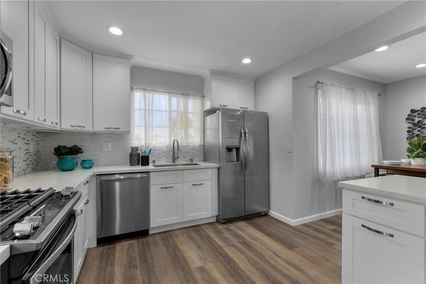 Interior, Kitchen, Recessed Lighting, Stainless Steel Appliances, Wood Texture Flooring