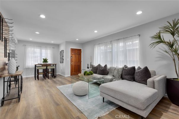 Dining room, Interior, Living room, Recessed Lighting, Wood Texture Flooring