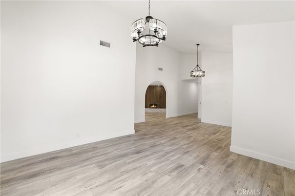 Empty room, Fireplace, Interior, Pendant Lights, Wood Texture Flooring