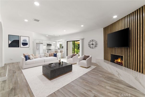 Fireplace, Interior, Kitchen, Living room, Recessed Lighting, Stainless Steel Appliances, Wood Texture Flooring