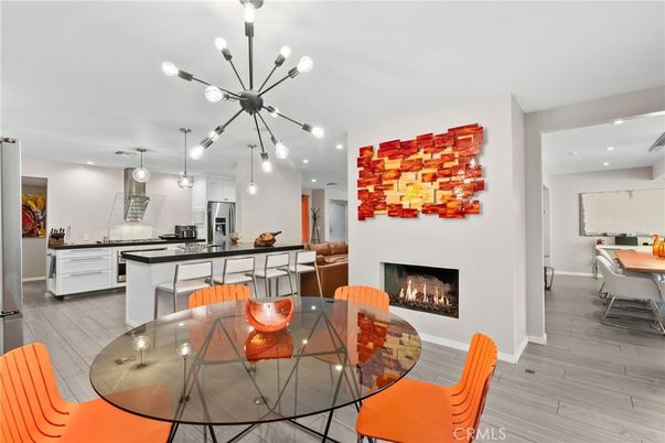 Dining room, Fireplace, Interior, Kitchen, Pendant Lights, Recessed Lighting, Wood Texture Flooring