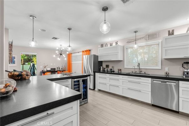 Interior, Kitchen, Pendant Lights, Stainless Steel Appliances, Wood Texture Flooring
