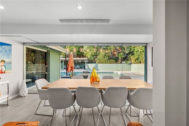 Dining room, Interior, Pendant Lights, Recessed Lighting, Wood Texture Flooring