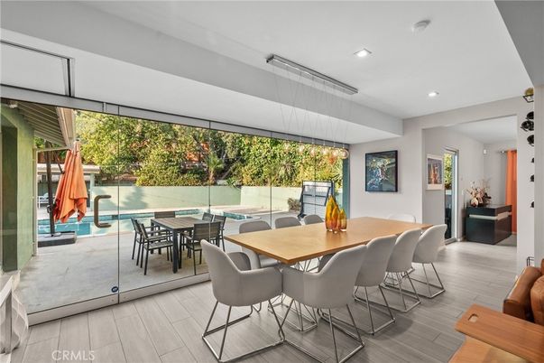Dining room, Interior, Pendant Lights, Recessed Lighting, Wood Texture Flooring