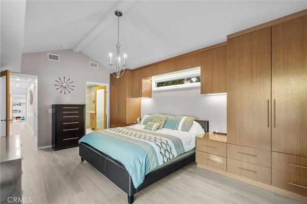 Bedroom, Chandelier, Interior, Pendant Lights, Recessed Lighting, Wood Texture Flooring