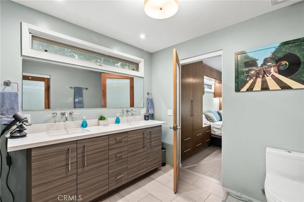 Bathroom, Bedroom, Dual Sink Vanities, Interior, Recessed Lighting, Wood Texture Flooring