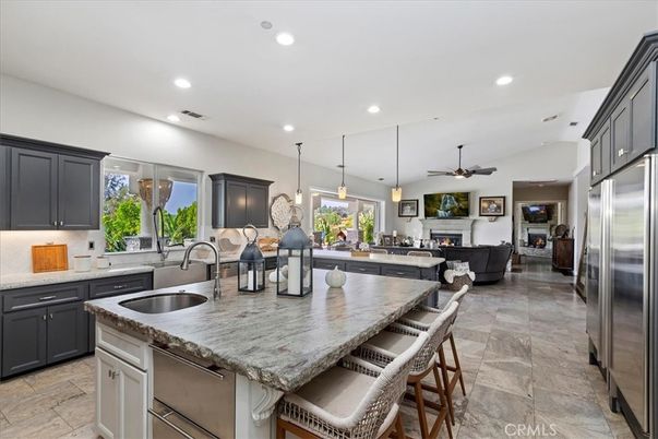 Fireplace, Interior, Kitchen, Living room, Pendant Lights, Recessed Lighting, Stainless Steel Appliances