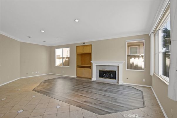 Empty room, Fireplace, Interior, Recessed Lighting, Wood Texture Flooring