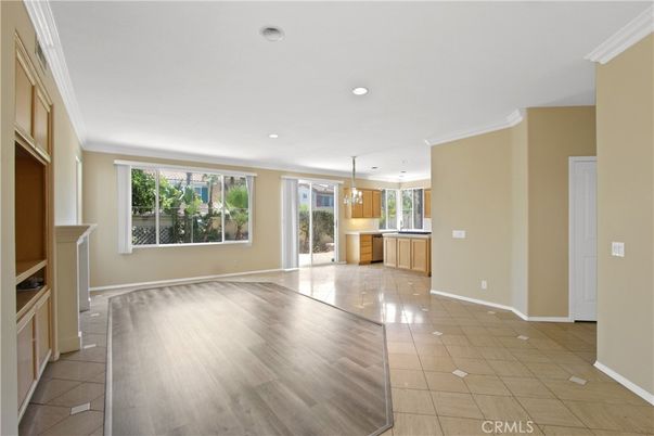 Empty room, Interior, Kitchen, Pendant Lights, Recessed Lighting, Wood Texture Flooring