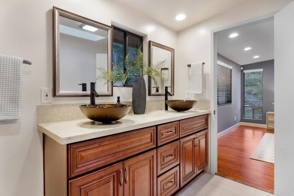 Bathroom, Dual Sink Vanities, Interior, Recessed Lighting, Wood Texture Flooring