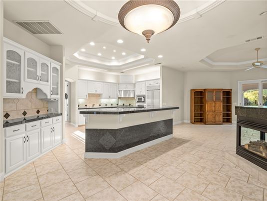 Fireplace, Interior, Kitchen, Recessed Lighting, Stainless Steel Appliances
