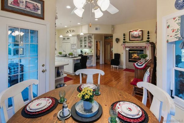 Dining room, Fireplace, Interior, Kitchen, Pendant Lights, Recessed Lighting, Wood Texture Flooring
