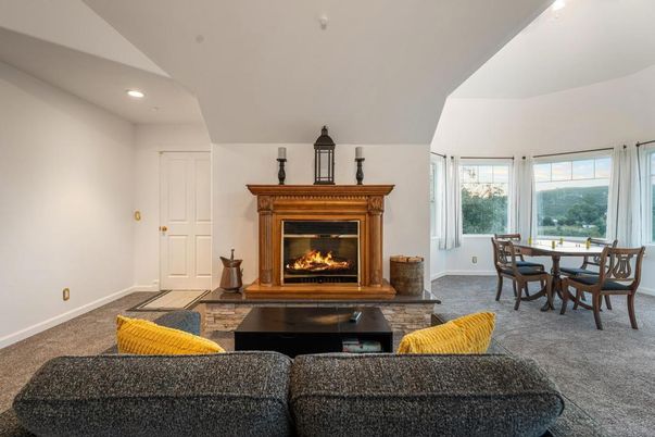 Dining room, Fireplace, Interior, Living room, Recessed Lighting