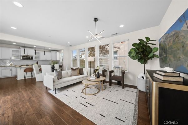 Dining room, Interior, Kitchen, Living room, Pendant Lights, Recessed Lighting, Stainless Steel Appliances, Wood Texture Flooring