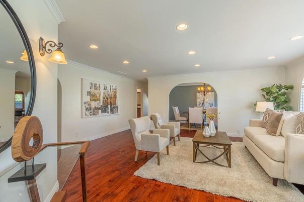 Dining room, Interior, Living room, Recessed Lighting, Wood Texture Flooring
